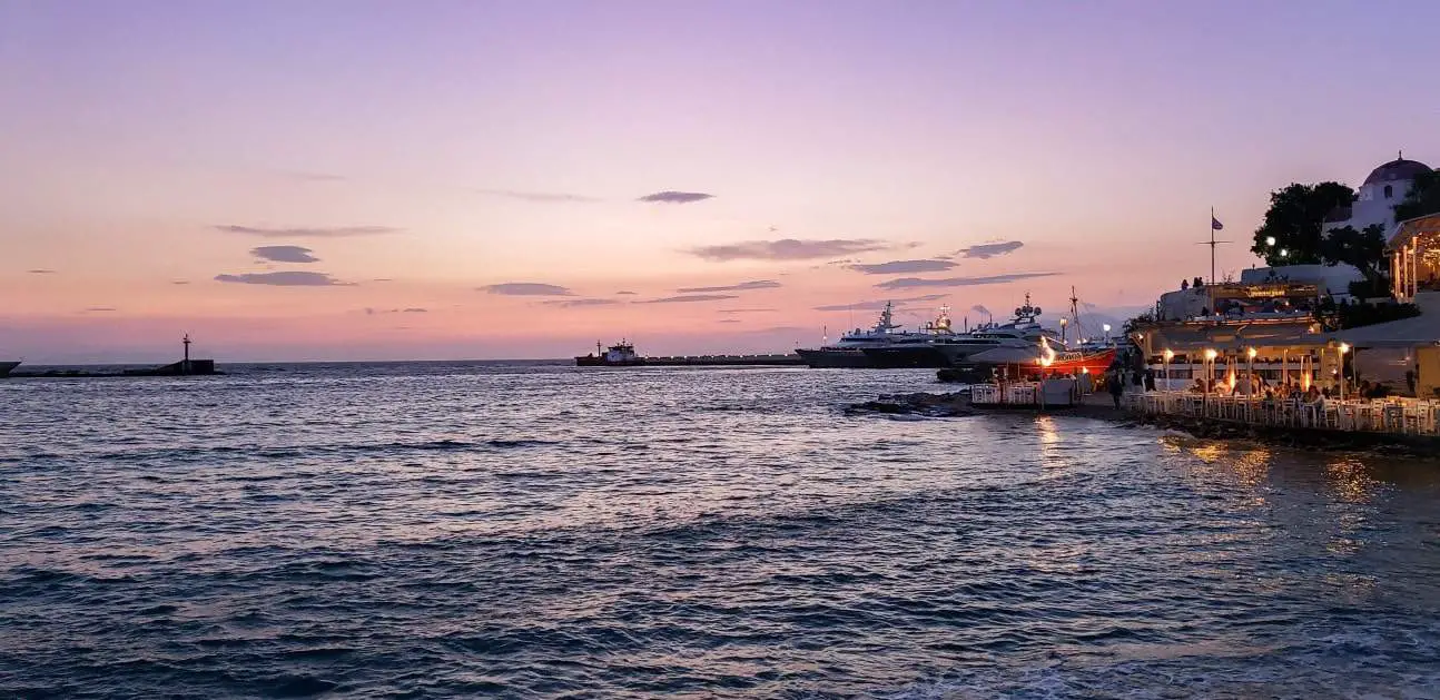 mykonos sunset port harbour boats
